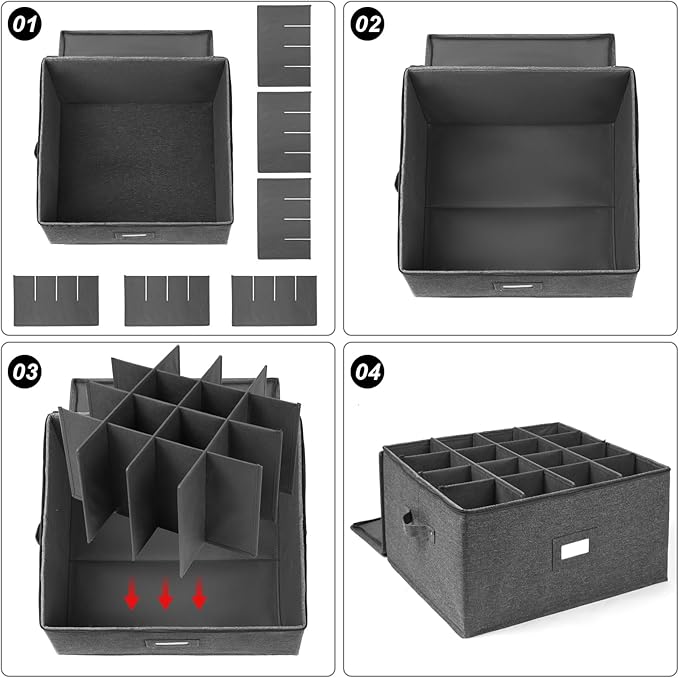 Stemware Storage Cases, Wine Glass Storage Box Containers with Dividers | Glassware Storage Containers for Glassware or Crystal, Holds 16 Red or White Wine Glasses, Hard Top and Stackable (Grey) - Image 7