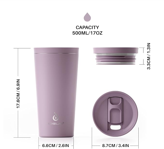 Ideus 17 oz Travel Coffee Mug, Double Wall Vacuum Stainless Steel Insulated Coffee Tumbler With Lid, Splash-Proof & Cup Holder Friendly, Keeps Drinks Hot/Cold, Dishwasher Safe, Purple - Image 9