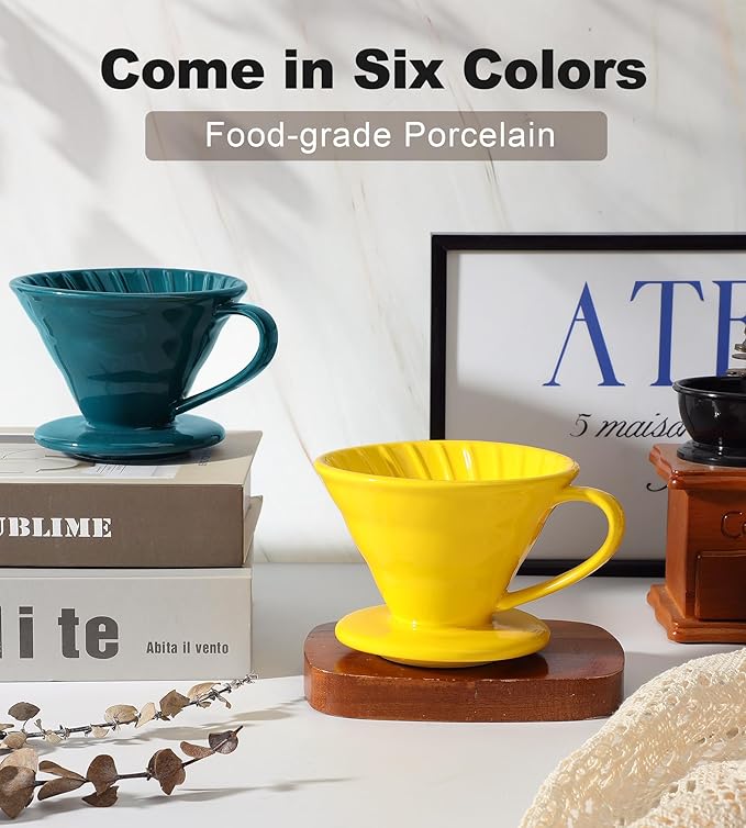Pour Over Coffee Dripper - Ceramic Pour Over Cone, Porcelain Coffee Maker with 10Pcs Size 02 Paper Filter, Manual Brew Maker for Home, Cafe, Office - 1-4Cup, V60 Size 02 (Yellow)