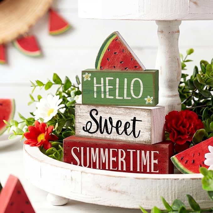 Moucuny 4 Pcs Summer Wooden Table Decor Watermelon Tiered Tray Decor Farmhouse Table Decoration Hello Sweet Watermelon Book Block Summer Decoration for Home Office Kitchen Mantel Shelf - Image 7