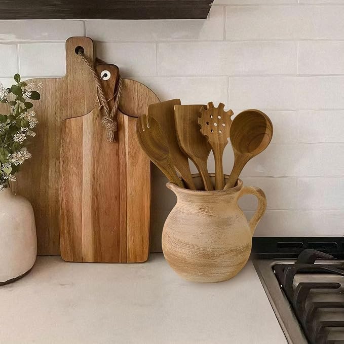 MIYUKI Rustic Kitchen Utensil Holder - 7.6 Inch Ceramic Utensil Crock for Countertop, Vintage Kitchen Counter Decor - Image 6