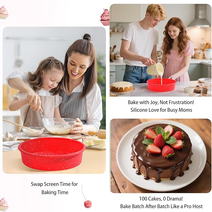 SJ 8 Inch Silicone Round Cake Pan with Metal Reinforced Frame Set of 2, Nonstick Silicone Cake Mold for Baking Suitable for Making Layers, Cheese & Chocolate Cakes - Red