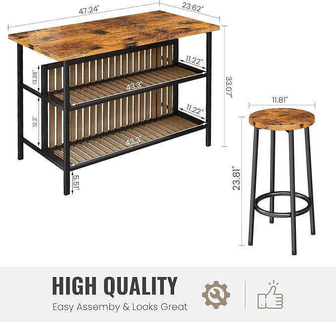 AWQM Kitchen Island with Seating & Storage Shelf, Modern Bar Table and Chairs Set for 2, Wooden Island Table for Kitchen, Dining Table Set for Small Space, Walnut Color - Image 8