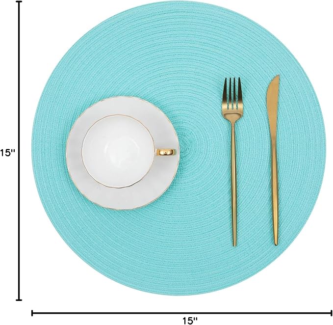 SHACOS Round Placemats Set of 6 Washable 15 inch Round Table Mats Cotton Polyester Woven Braided Place Mats for Dining Table (Aqua, 6) - Image 10
