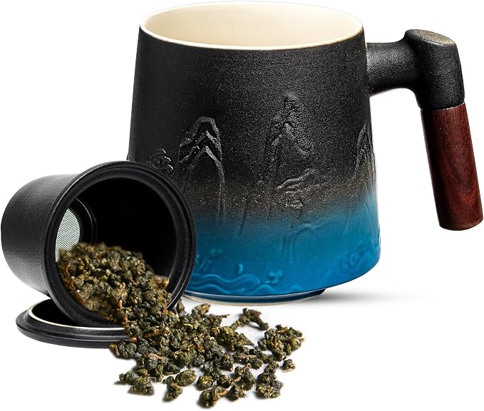 suyika Ceramic Tea Cup with Infuser and Lid, Gradient Embossed Large Tea Mug Wooden Handle for Steeping Loose Leaf, Tea Lover Gifts 15.2 oz / 450 ml,Black & Cyan - Image 8