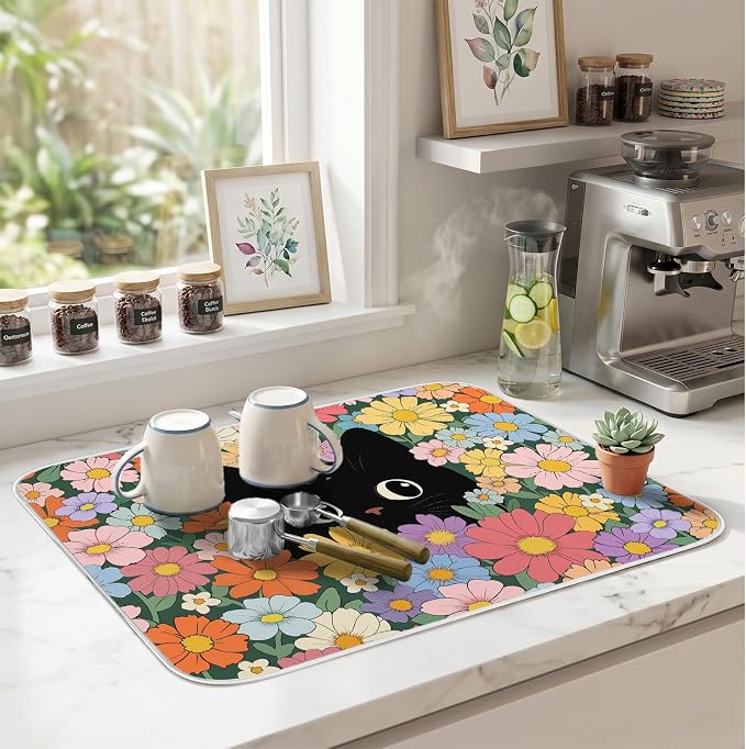 Black Cat Floral Dish Drying Mat for Kitchen Counter Coffee Bar 18x24 in | Non Slip Absorbent Kitchen Dishes Drainer Mat, with Anti-slip Rubber Backing & Hanging Loop, Decor for Sink, Cat Theme Gifts - Image 9