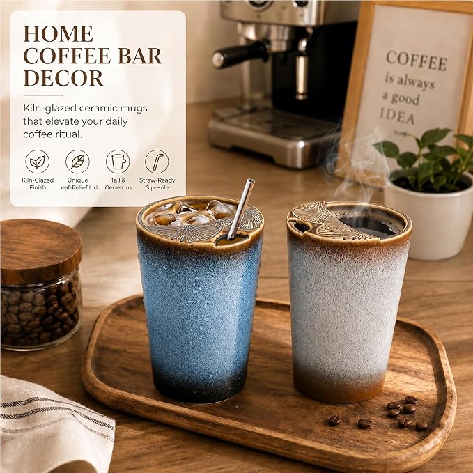 2 Pack Ceramic Coffee Mug with Sip Hole, Retro Espresso Cup 13 oz with 2 Straws and 2 Cleaning Brushes Ceramic Iced Coffee Tea Travel Mug Latte Cup for Kitchen Dining - Image 7