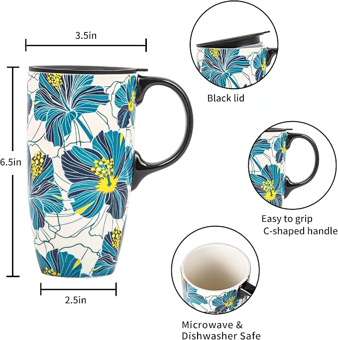 Topadorn 17oz Ceramic Travel Mug with Lid, Hibiscus Coffee Mug | 17oz Ceramic Travel Mug • Hibiscus Floral Design • Coffee Mug with Lid • Microwave & Dishwasher Safe • Gift Box - Image 8