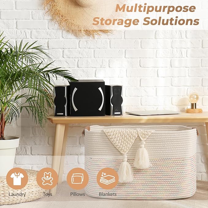 danpinera 108L Large Basket for Living Room, Boho Decorative Basket Organizing with Handles, Cotton Rope Storage for Toys, Pillows, Clothes, 25ββ*16ββ*16ββ Rainbow