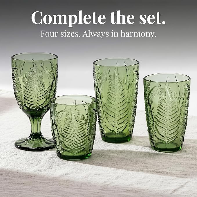 Green Drinking Glasses Set of 4, 12 oz Glass Cups, Vintage Fern Glassware | Hand-Pressed, Dishwasher Safe, Boho Leaf-Textured Drinkware, Embossed Highball Tumblers for Water, Retro Kitchen Gift - Image 9