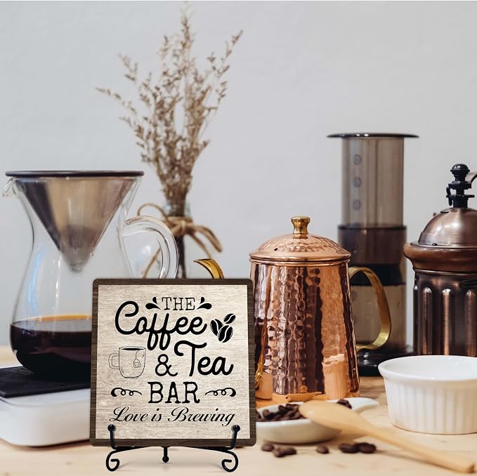 Coffee Bar Sign, Love is Brewing Farmhouse Tabletop Decor, Coffee and Tea Lover Gifts, 5x5 Wood Plaque with Iron Stand for Home Kitchen Cafe, Coffee Bar Decor โ L10 - Image 7