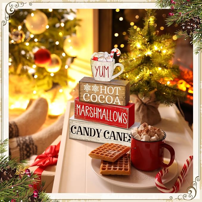 Moucuny 4 Pcs Wooden Christmas Tabletop Decor Hot Cocoa Tiered Tray Decor Rustic Wood Hot Cocoa Block Sign Gift Merry Christmas Centerpiece Farmhouse Winter Table Decoration - Image 6