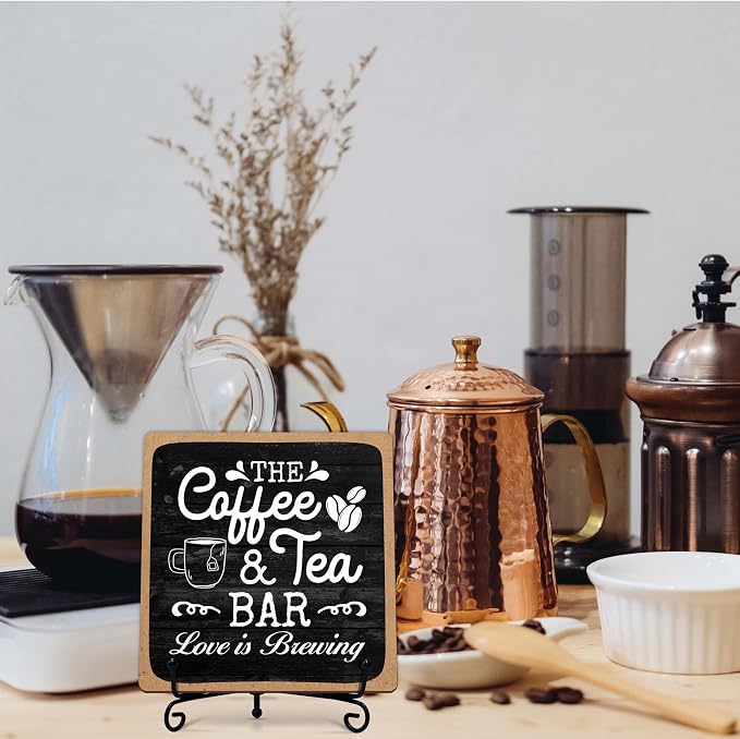 Coffee Bar Sign, Love is Brewing Farmhouse Tabletop Decor, Coffee and Tea Lover Gifts, 5x5 Wood Plaque with Iron Stand for Home Kitchen Cafe, Coffee Bar Decor โ L04 - Image 7