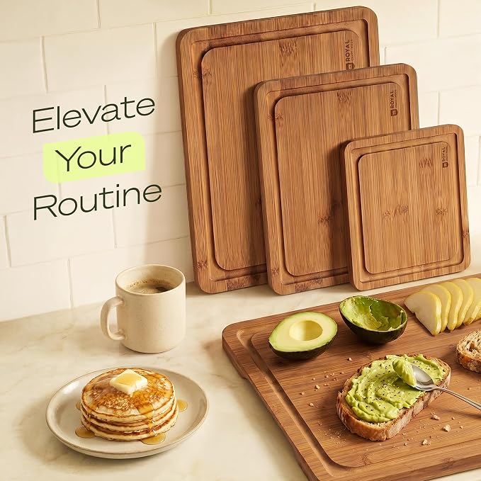 ROYAL CRAFT WOOD Wooden Cutting Boards for Kitchen Meal Prep & Serving - Bamboo Non Toxic Cutting Board Set with Deep Juice Groove Side Handles - Charcuterie & Chopping Butcher Block for Meat (4 Pcs) - Image 9