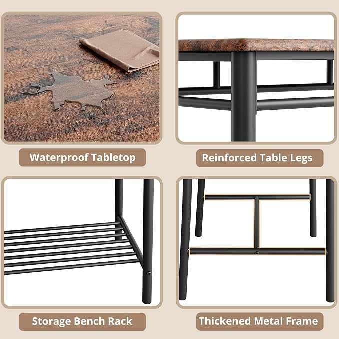 IRONCK Dining Table Set for 4, Kitchen Table and Chairs Set, Rustic Brown | Kitchen Table with Upholstered Bench and 2 Chairs for Small Space, Apartment - Image 7