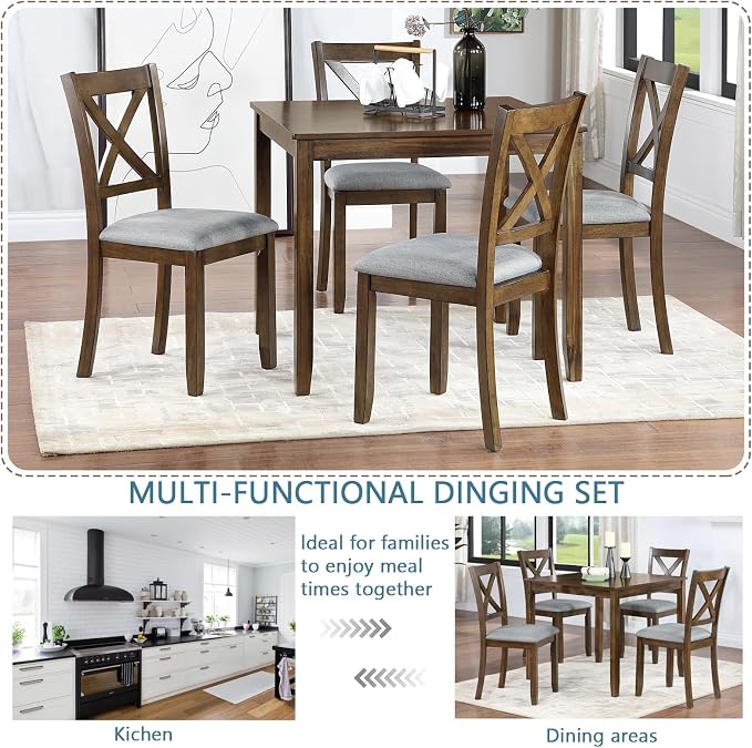 5-Piece Dining Table Set for 4, Kitchen Dining Table with 4 Soft Cushioned Solid Wood Chairs, Ideal for Home or Restaurant Use.(Walnut_Small) - Image 8