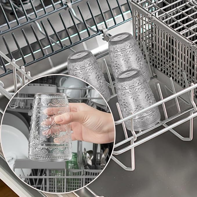 abrwyy Clear Glasses Drinking Set, 14oz Water Glasses, Vintage Glassware | Dishwasher Safe, Non-Slip, Lead-Free Glass, Home Decoration - Image 8
