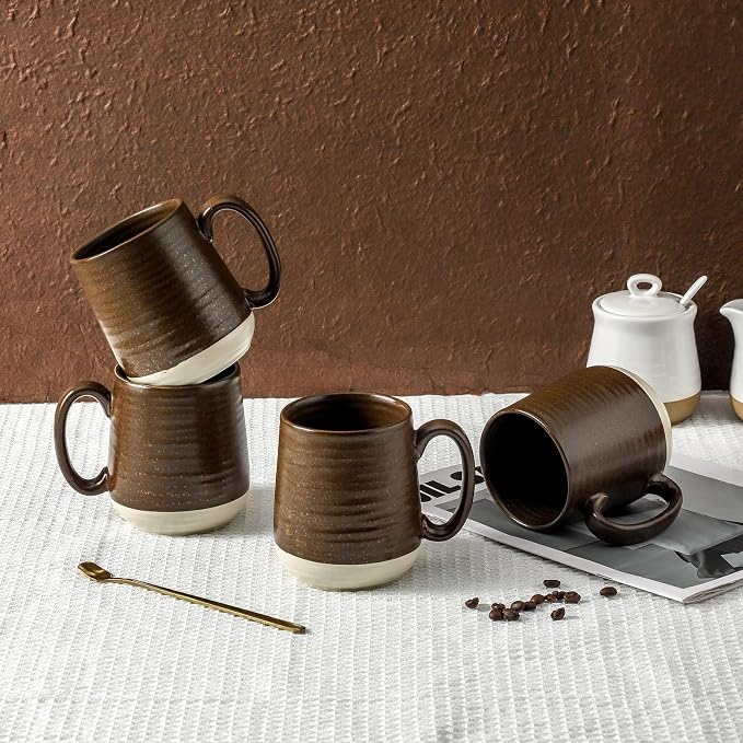 HASENSE Ceramic Coffee Mug Set of 4, 15 oz Coffee Cups with Big Handles, Large Latte Mugs for Men and Women, Christmas Cups for Tea, Hot Cocoa, Latte, Cappuccino, Dishwasher Microwave Safe, Brown - Image 6