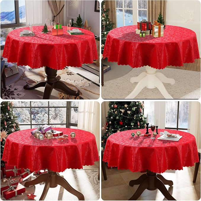 Smiry Round Waterproof Heavy Duty Vinyl Tablecloths, 70 x 70 Inch | Wipeable Washable Floral Embossed Table Cover for Kitchen and Dining Room, Indoor & Outdoor Use, Red - Image 7