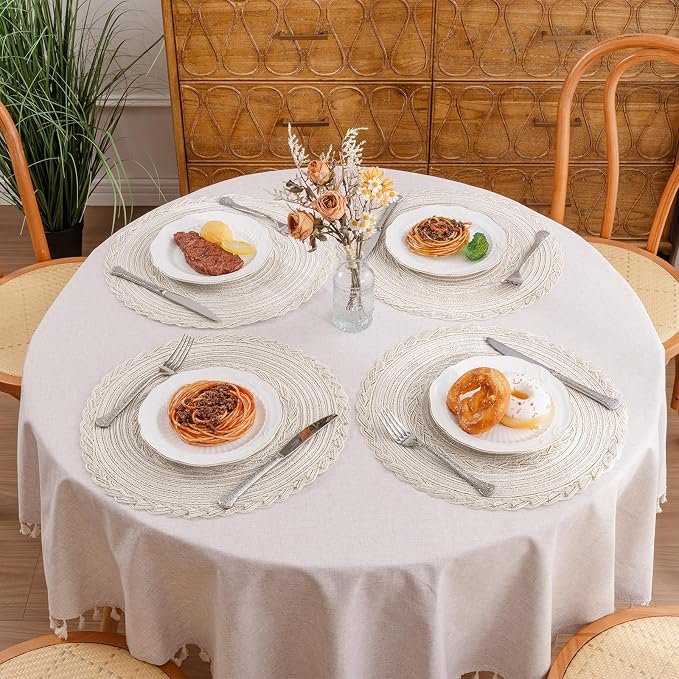 SHACOS Round Placemats Set of 4 Boho Braided Border Table Place Mats for Dining Table Wedding Holiday Party (Ivory Bordered, 4) - Image 9