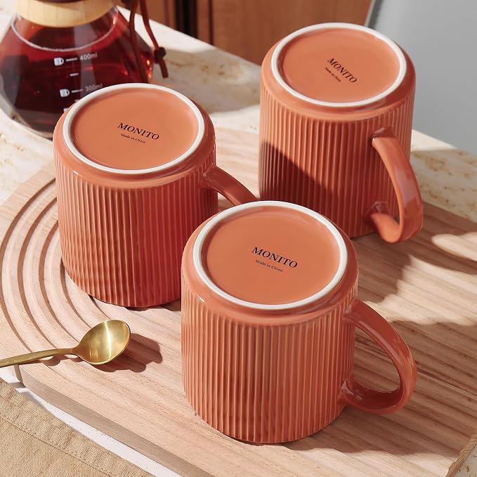 MONITO 16Oz Coffee Mugs Set of 6, Rustic Ceramic Coffee Cups Set with Large Handle, Vintage Striped Stoneware Coffee Mugs for Latte, Cocoa, Tea, Milk, Microwave & Dishwasher Safe, BRICK RED - Image 8