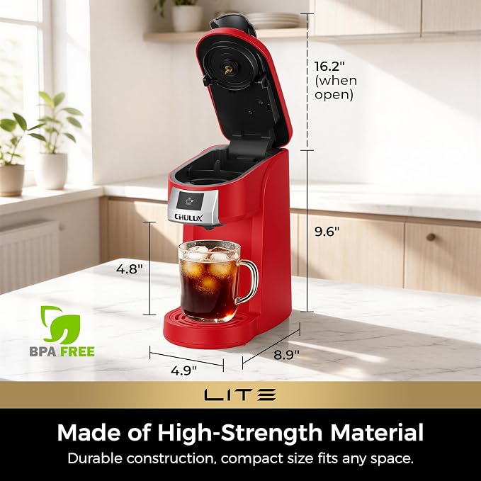 CHULUX Lite Single Serve Coffee Maker for K Cup with One Touch Brew, Red | Boiler Fast Heating System, Unique Split-Flow Nozzle, Designed for Standard Mugs, 5 to 12 oz Brew Sizes, Single Cup Reservoir - Image 7
