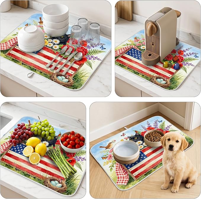 Patriotic Cats Dish Drying Mat for Kitchen Counter Coffee Bar 18x24 in | Decorative Non Slip Absorbent Kitchen Dishes Drainer Mat, with Anti-slip Rubber Backing & Hanging Loop, for Sink, Home Gift - Image 9