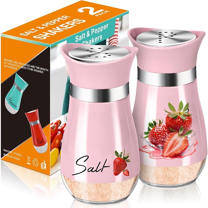 Strawberry Salt and Pepper Shakers - 2 Pack Pink 4 oz Glass Containers | Strawberry Shakers with Stainless Steel Tops And Glass Bottoms Add Pink Kitchen Style for Camping, BBQs And Everyday Dining. by ARROZON