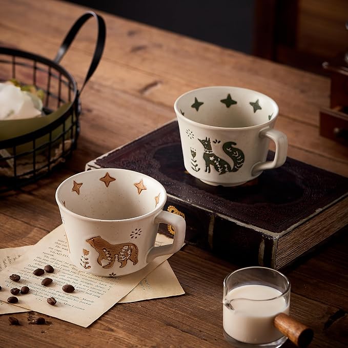 12oz Vintage Ceramic Coffee Mug Set of 4 - Handmade Stoneware Pottery Countryside Farmhouse Fall Autumn Tea Mugs with Big Handle for Latte,Cocoa,Dishwasher & Microwave Safe Cups (Animals) - Image 8