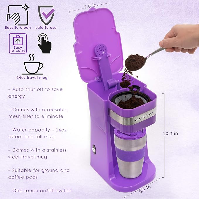 Mixpresso Single Serve & Single Cup Coffee Maker with 14oz Travel Mug | For ground coffee only, reusable filter, auto shut off. Compact personal drip coffee maker, not compatible with K-Cup pods. - Image 9