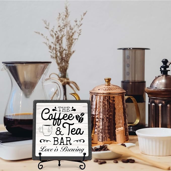 Coffee Bar Sign, Love is Brewing Farmhouse Tabletop Decor, Coffee and Tea Lover Gifts, 5x5 Wood Plaque with Iron Stand for Home Kitchen Cafe, Coffee Bar Decor โ L08 - Image 7