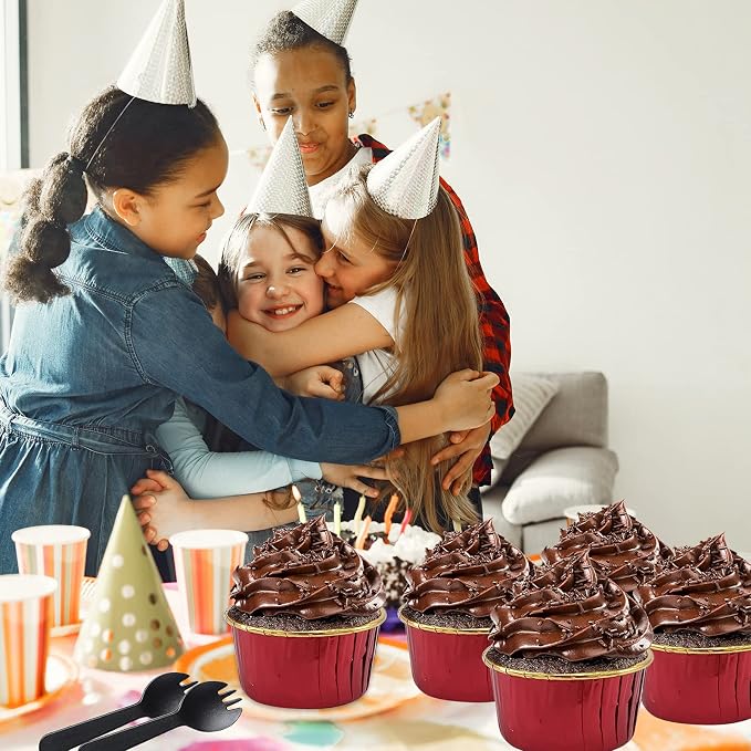 Cupcake Liners with Dome Lids 100 Pack,LNYZQUS 5.5Oz Foil Baking Cups Muffin Tin,Large Cupcake Wrappers Souffle Pudding Ramekin Holders for Christmas Wedding Birthday Party,with Spoons-Red in Gold - Image 7