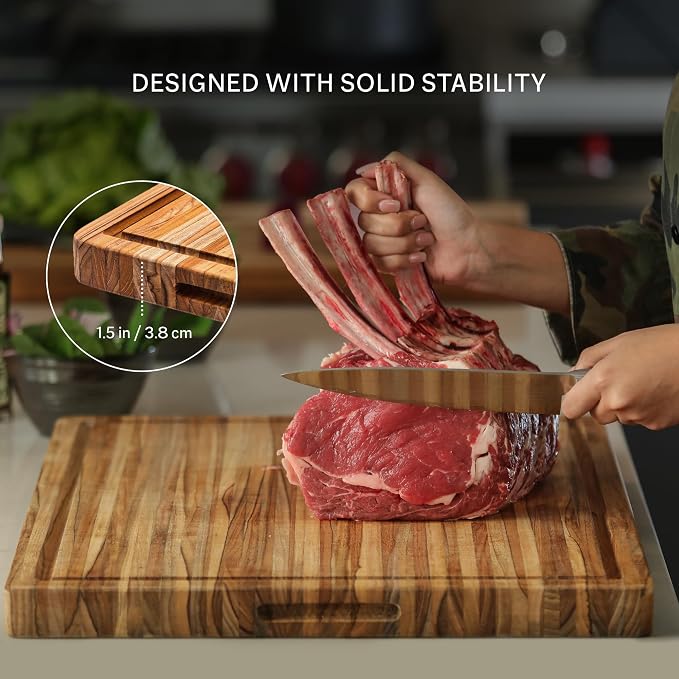 Teakhaus Carving Board and EON Cutting Board Oil Set - Extra Large (XL) Teak Wood Cutting Board with Juice Groove & Food-Grade Mineral Oil - 24”L x 18”W x 1.5” Thick - FSC Certified - Image 9