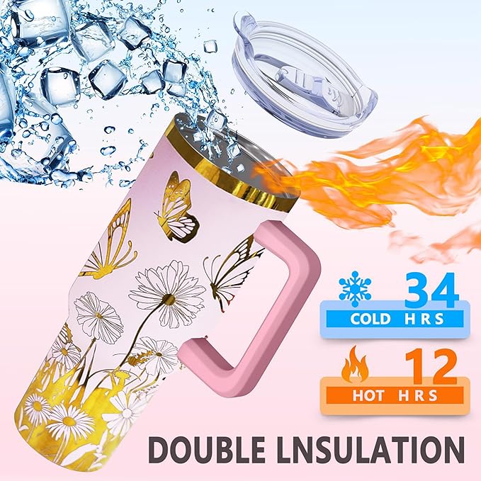 40 oz Butterfly Laser Engraving Tumbler With Handle With Lid Straw Double Insulated Travel Coffee Cup Butterfly Travel Accessories Must Have Gifts For Women