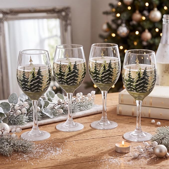 Yungyan Christmas Wine Glasses Set of 4, 15 oz Stemmed Goblets Hand Painted Pine Tree Design, Clear Vintage Holiday Glassware for Winter Dinner Party, Festive Table Decor, Christmas Gifting Home Decor - Image 6