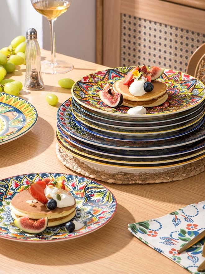 Henten Home Dinner Plates Set of 6, 10.5 Inch Porcelain Plate, Colorful Bohemian Serving Dishes for Kitchen, Pasta, Salad, Decorative, Microwave & Dishwasher Safe - Image 7