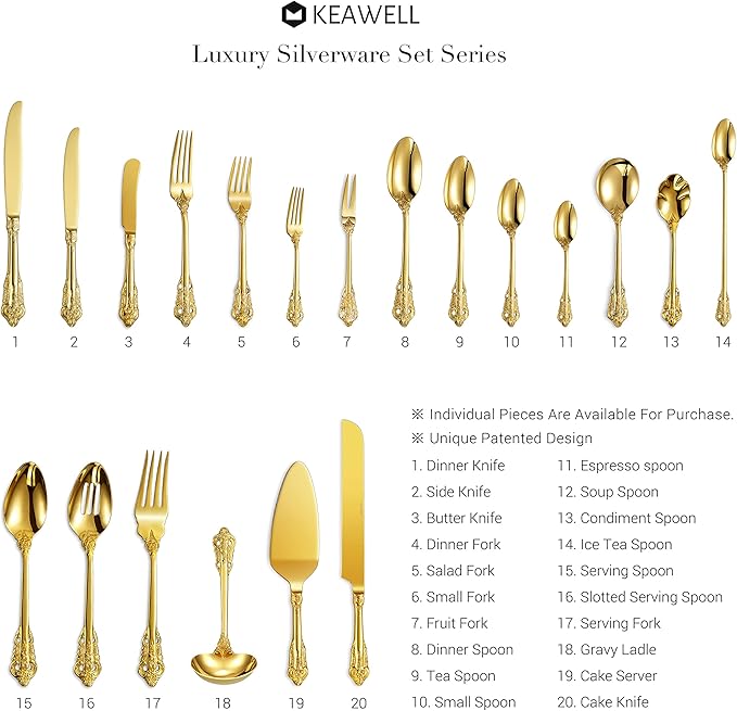KEAWELL Gorgeous Round Soup Spoon, Set of 4, 18/10 Stainless Steel, Luxury Bouillon Spoon, Dishwasher Safe, Fine Mirror Polished (Gold)