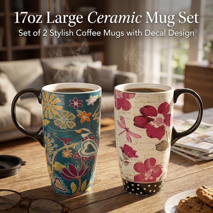 Topadorn Set of 2 Ceramic Travel Mugs, 17oz Floral Coffee Mug Set with Lids | Nature-Inspired Floral & Bird Artwork • Comfortable Handles • Microwave & Dishwasher Safe • Gift Boxes Included - Image 9