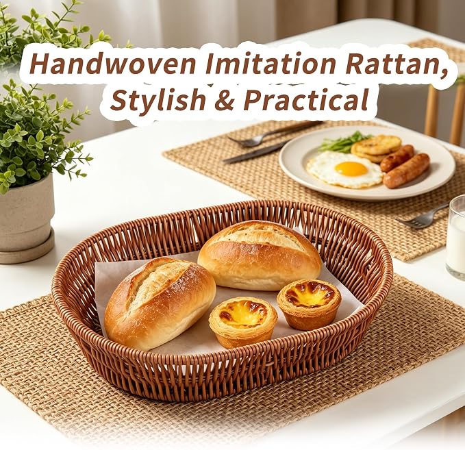 Set of 3 Oval Imitation Rattan Storage Baskets, Dark Brown, 11 x 8 x 2.6 in | Washable PP/PE shallow organizer bins with metal frame for kitchen counter, pantry, tabletop, fruit, bread, snacks and gifts. - Image 7