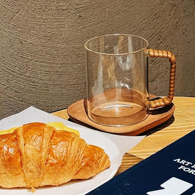 2-Piece Glass Coffee Mugs with Woven Handles, Withstand -20℃ to 150℃, 16oz Clear Large Glass Cups, Glass mug set for Latte, Cappuccino, Iced Coffee, Tea, Wine, Water, Beer