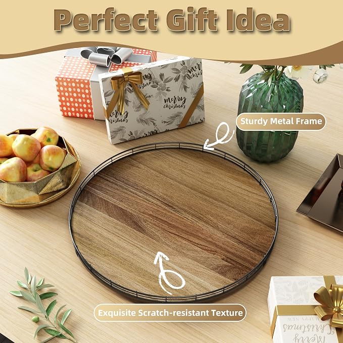 Acacia Wood 12" Lazy Susan Turntable Organizer for Table Top, Farmhouse Round Wooden Lazy Susan for Cabinet Kitchen Centerpieces Coffee Table, for Condiments Spices, Bathroom Vanity Tray Decor - Image 7