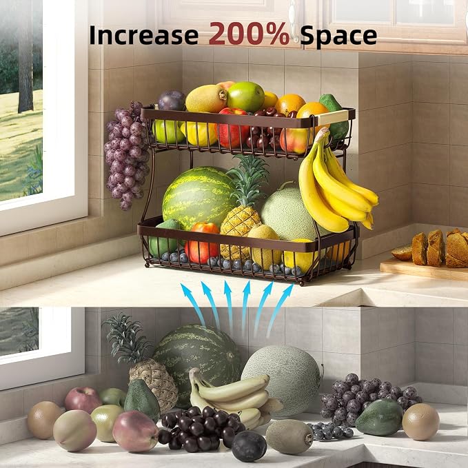 2-Tier Fruit Basket with Banana Hangers, Detachable Metal Bowl | Wooden handle, protective mats included. Versatile holder for bread, snacks, and veggies. Extra Large 2 tier metal design. - Image 9