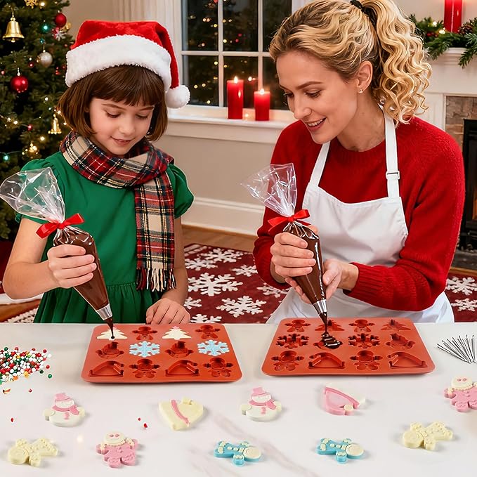 2Pcs Silicone Christmas Cookie Mold for Baking, Christmas Chocolate Cookie Molds Snowflake Snowman Christmas Hat Christmas Trees Gingerbread Man Shape Mold for Candies, Cookie, Wax Melts