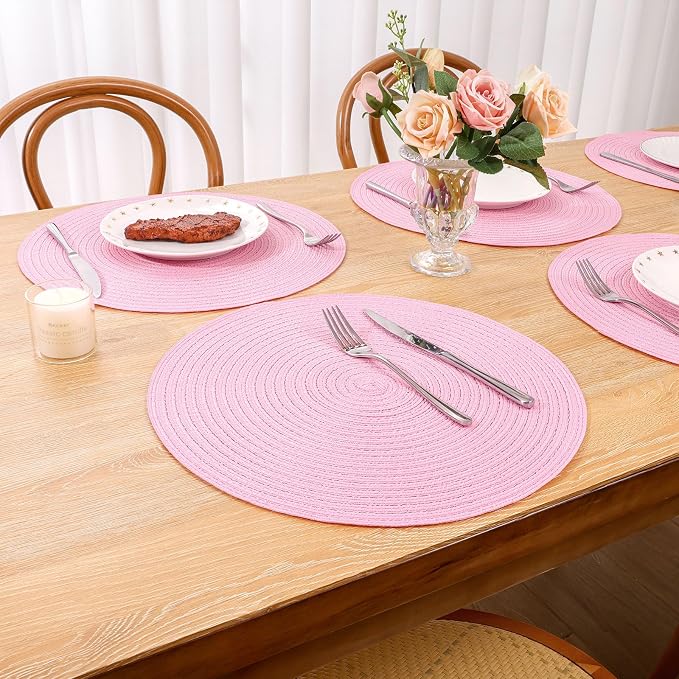 SHACOS Round Braided Placemats Set of 6 Round Table Mats for Dining Tables 15 inch Washable Non Slip Placemats (Pink, 6) - Image 9