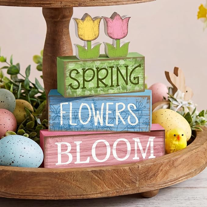 Moucuny 4 Pcs Spring Table Decor Wooden Tulip Spring Tiered Tray Decor Flowers Table Centerpiece Decorative Colorful Tulip Block Signs Gift Farmhouse Flowers Decoration for Home Kitchen Shelf - Image 7