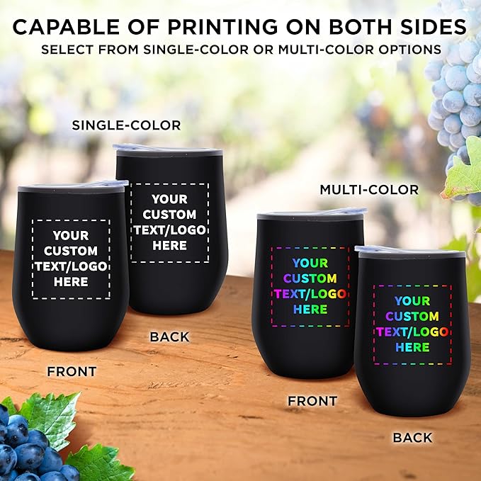 Custom Stemless Wine Tumblers 12 oz. Set of 24, Personalized Bulk Pack - Insulated, Perfect for Wine, Cocktails, Other Hot & Cold Beverages - Black