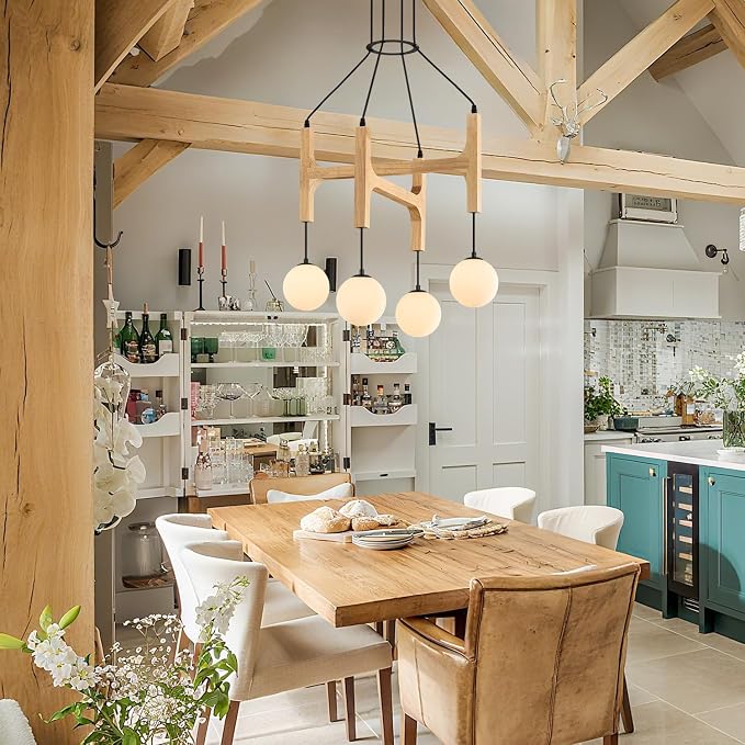 Natural Farmhouse Wood Chandeliers Vintage Milk Glass Pendant Light L24 '' Mid Century Long 4-Light Hanging Fixture for Living Dining Room Entryway Foyer Bedroom Kitchen,G9 - Image 9