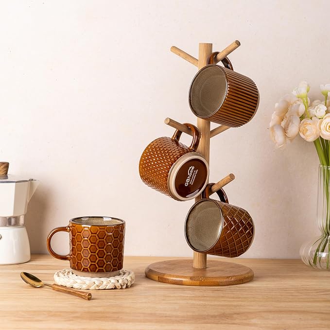 GBhome 6 OZ Stackable Coffee Mugs Set of 4, Ceramic Coffee Cups Set | 4 Assorted Designs, Embossed Mugs with Texture Patterns for Espresso/Tea, Dishwasher&Microwave Safe, Caramel - Image 8