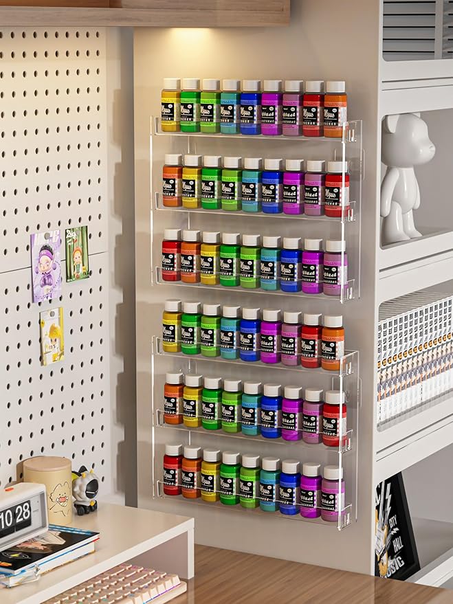 2Pack 3 Tier Display Rack, Clear Paint Rack Wall-Mount (No Drill), Acrylic Craft Paint Storage Organizer, Miniature Holder for 2oz Bottle, Nail Polish Organizer, Badges, Mini Figures (2)