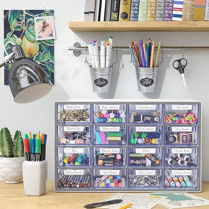 Arteza 16 Drawer Organizer and Storage Cabinet – Clear Plastic, Stackable Drawers for Makeup, Crafts, Sewing, Office Supplies, Small Parts & Tools.